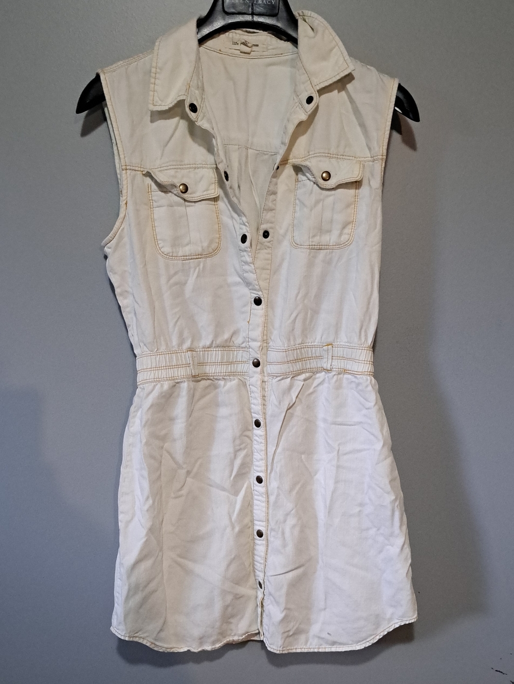 life in progress Cream Denim Dress with Yellow Stitching